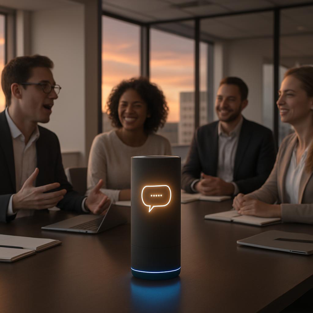 A futuristic smart speaker takes center stage, perched atop a dark brown table. Ambient light emanates from the device, il...
